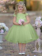 Vestido de niña de las flores de la Primera Comunión, color marfil, de tul satinado hasta la rodilla 
