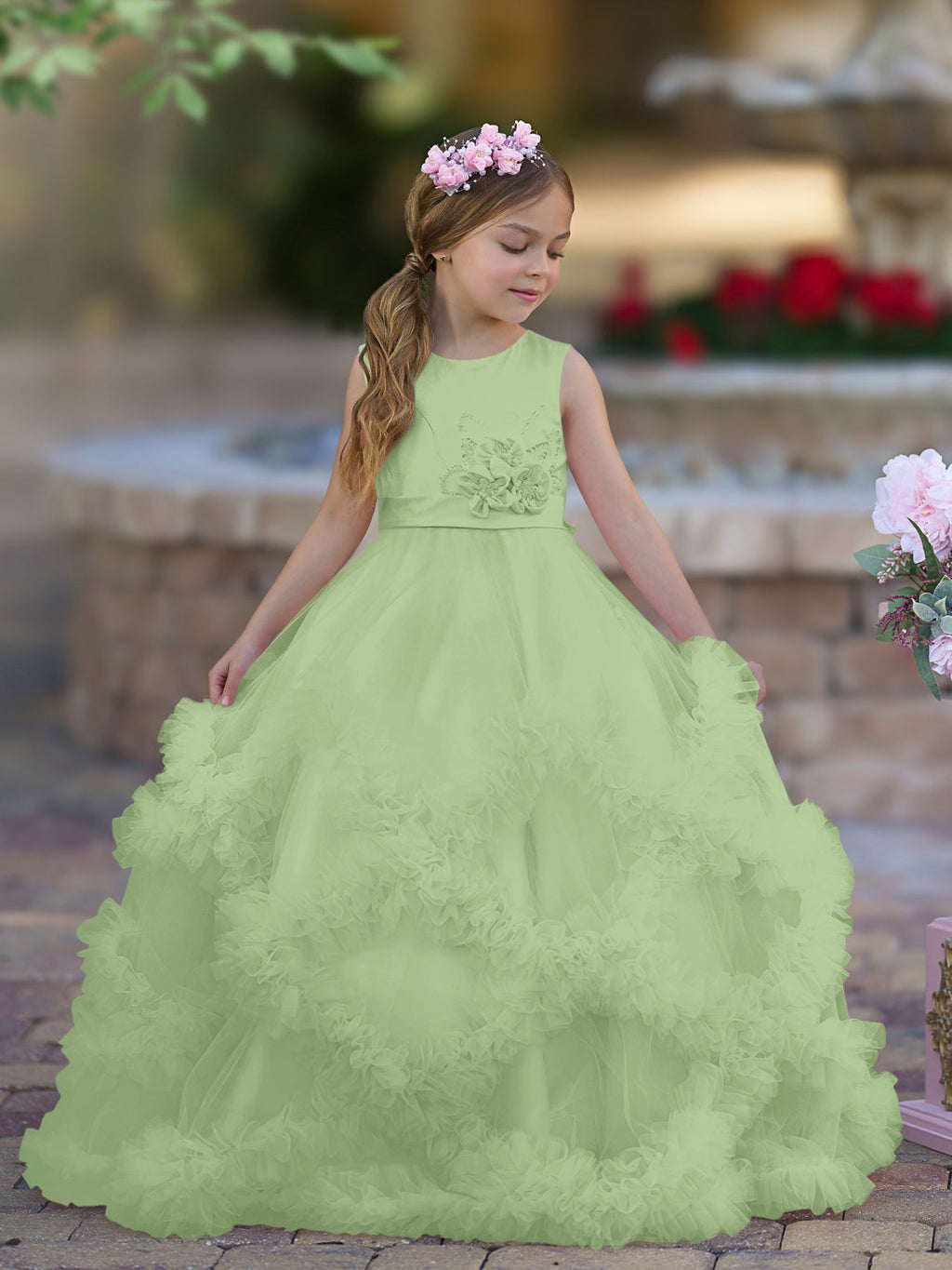Vestido de niña de las flores de corte A, de satén y tul, hasta el suelo, con volantes en cascada. 