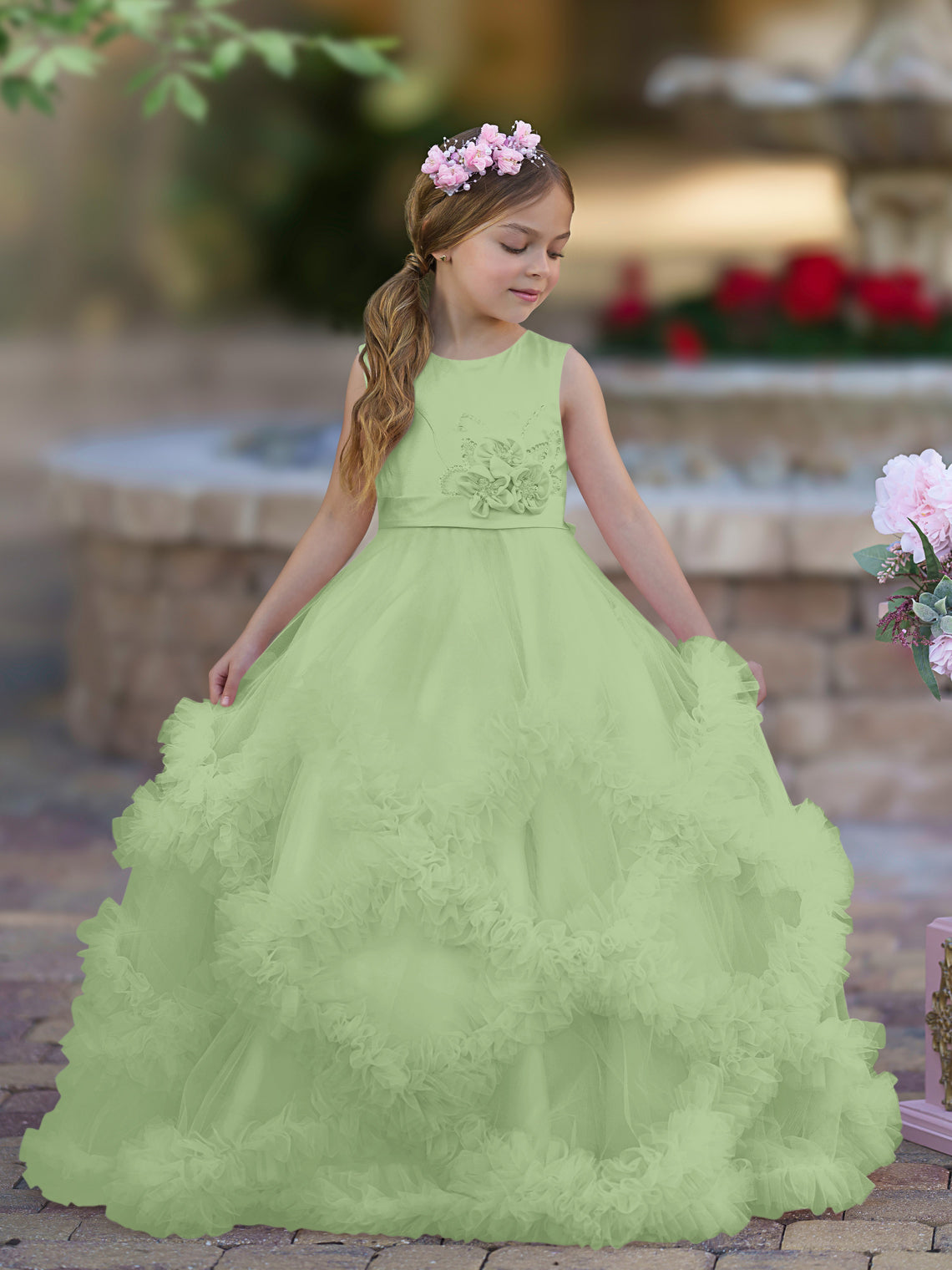 Vestido de niña de las flores de corte A, de satén y tul, hasta el suelo, con volantes en cascada. 
