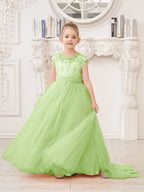 Vestido rosa de niña de las flores, corte en A, encaje, tul y cola corta 