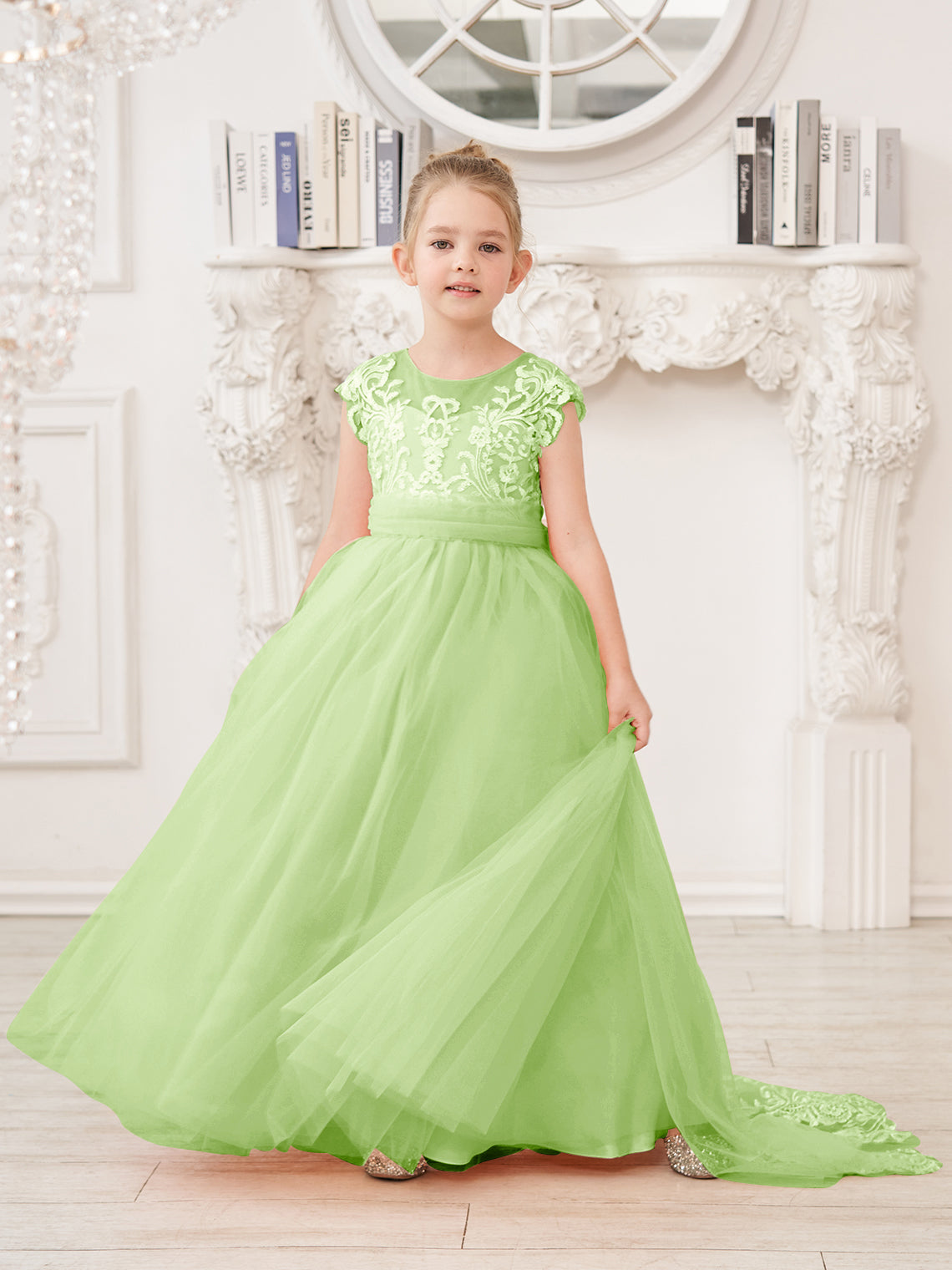 Vestido rosa de niña de las flores, corte en A, encaje, tul y cola corta 