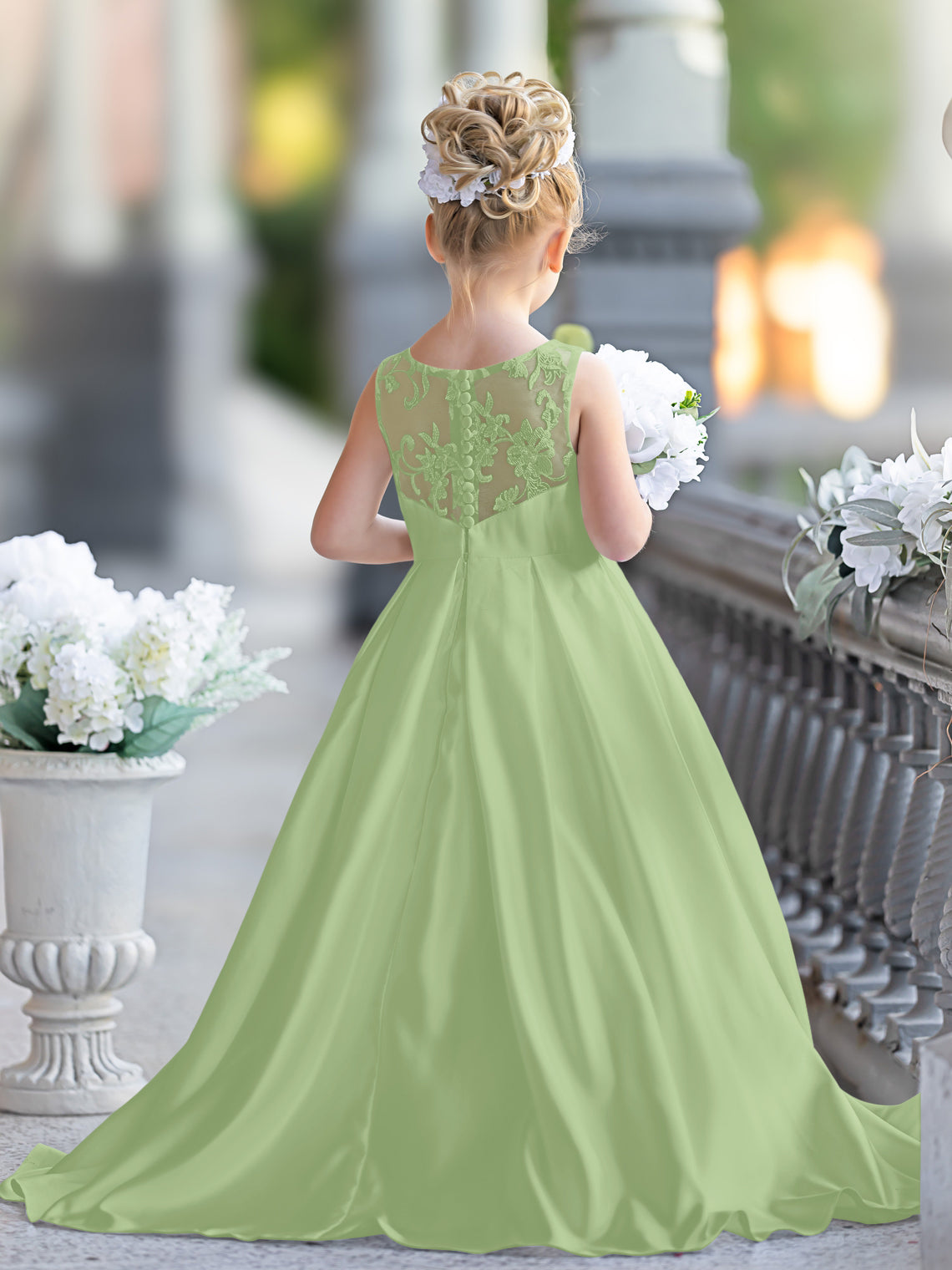 Vestido de niña de las flores para la Primera Comunión, corte en A, encaje y satén, hasta el suelo 