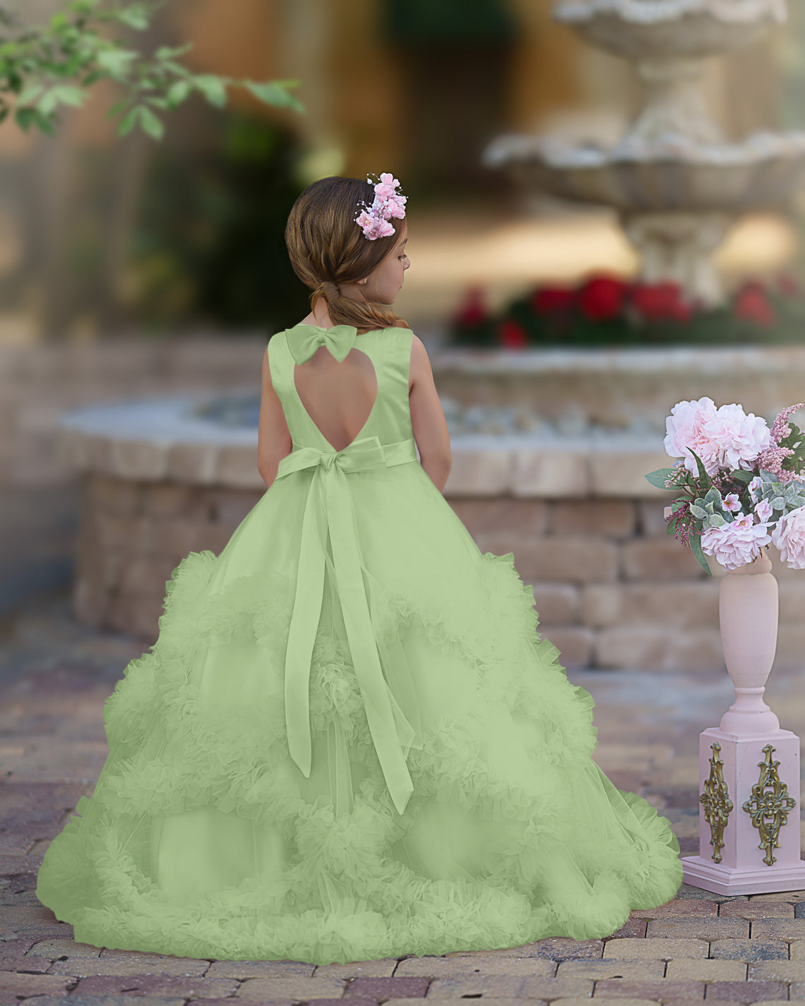 Vestido de niña de las flores de corte A, de satén y tul, hasta el suelo, con volantes en cascada. 