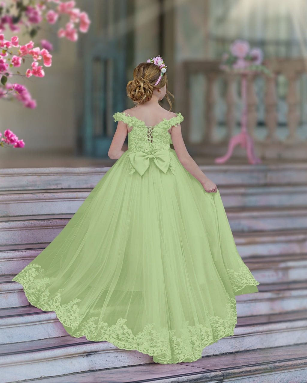 Vestido de gala/princesa rosa con cola de encaje para cumpleaños 