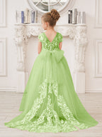 Vestido rosa de niña de las flores, corte en A, encaje, tul y cola corta 