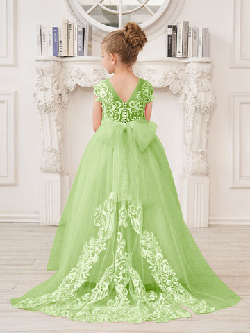 Vestido rosa de niña de las flores, corte en A, encaje, tul y cola corta 