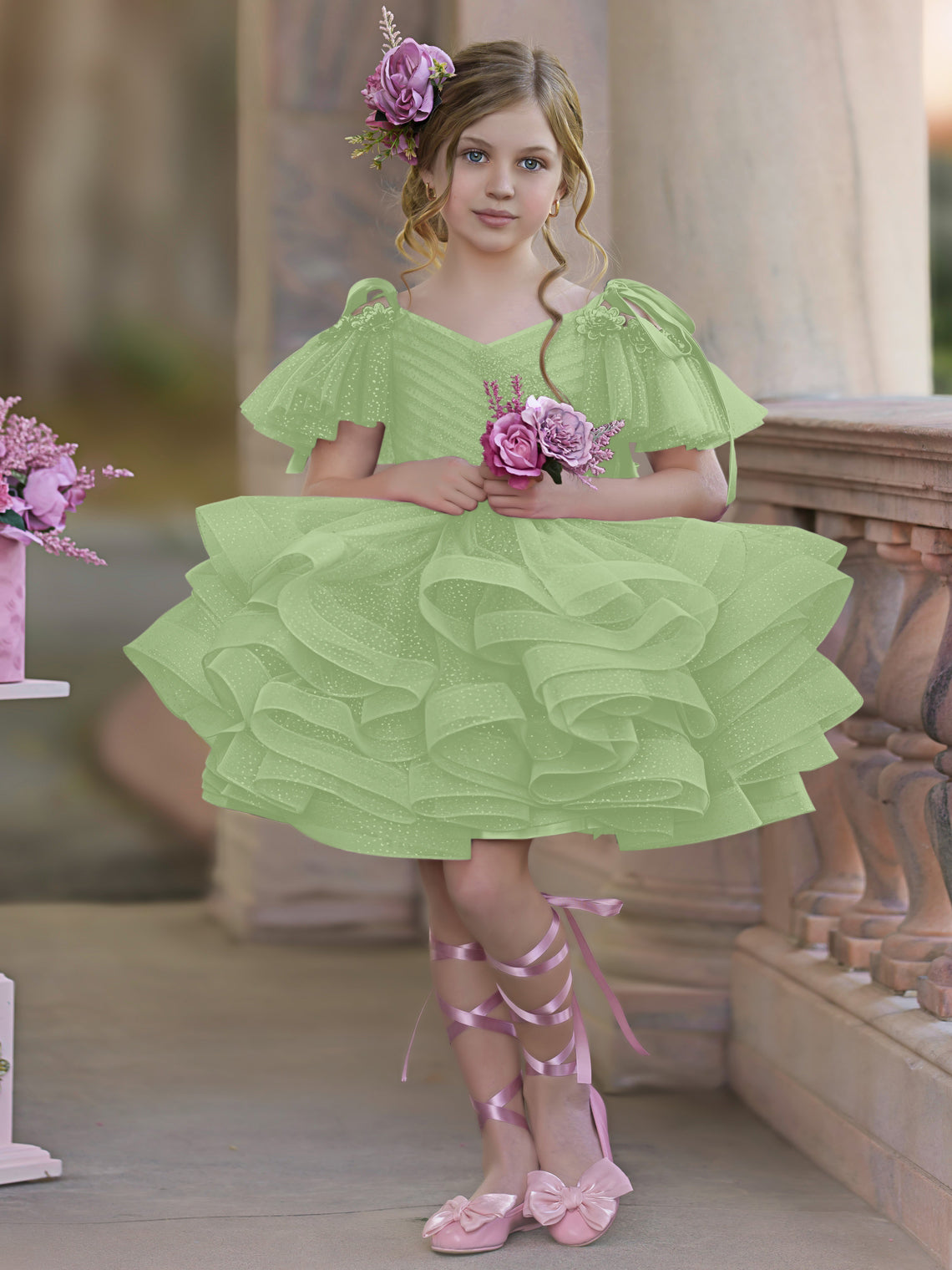Vestido de princesa/vestido de tul hasta la rodilla para niña de las flores de cumpleaños