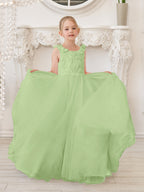 Elegante vestido blanco de tul para niña de las flores con cola corta 