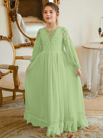 Vestido de Primera Comunión color marfil, corte en A, de gasa hasta el suelo 