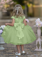 Vestido de niña de las flores de la Primera Comunión, color marfil, de tul satinado hasta la rodilla 