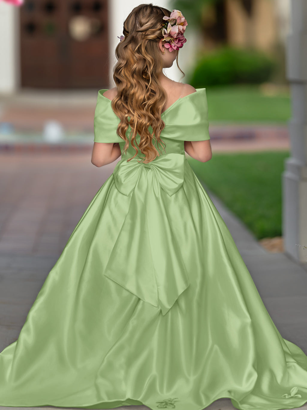 Robe de bal princesse élégante en satin ivoire avec traîne et nœud pour demoiselles d'honneur 