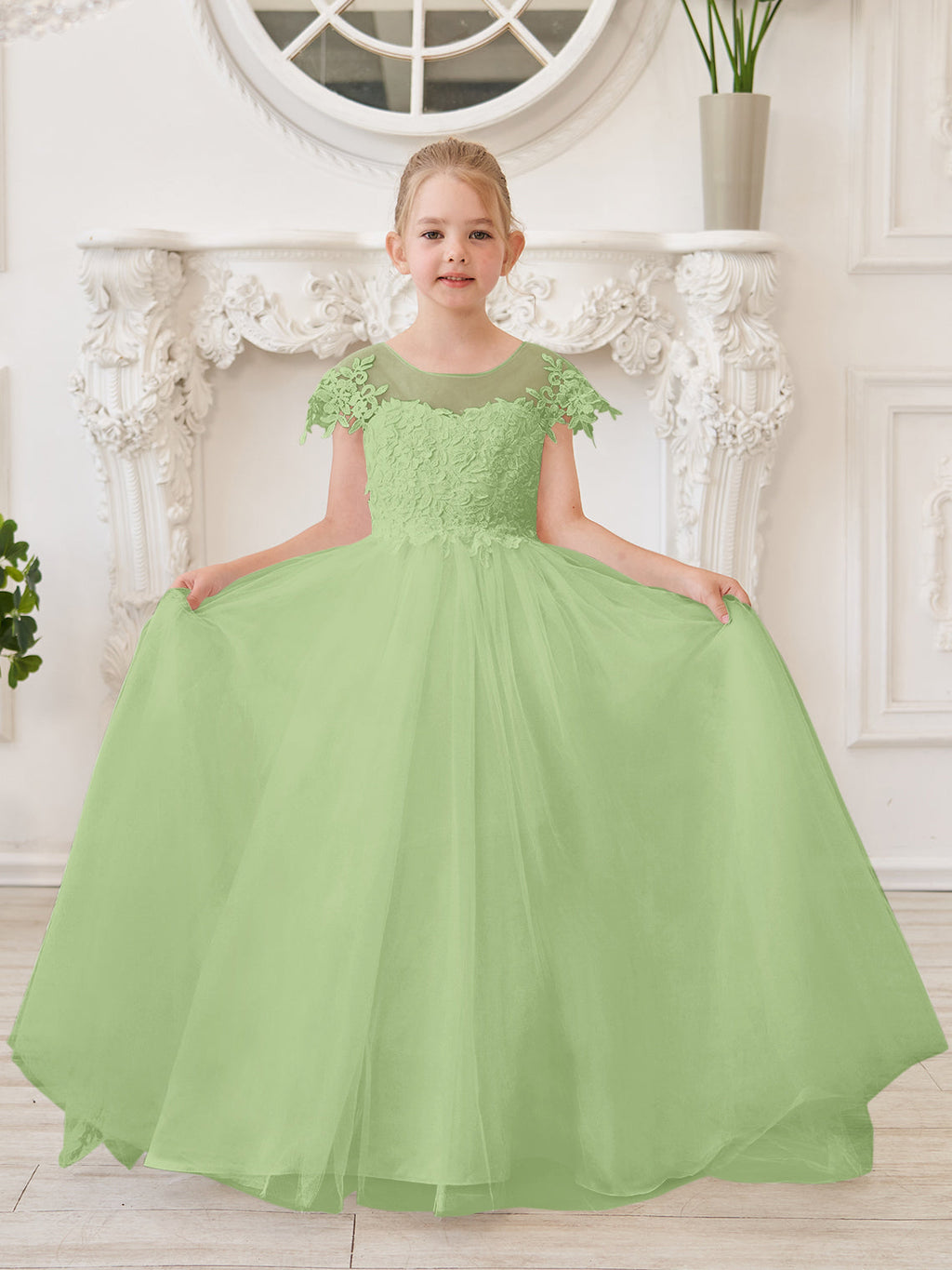 Vestido de niña de las flores para la Primera Comunión, color marfil, con cola desmontable estilo princesa. 