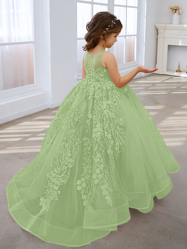 Vestido de princesa rosa para niñas con apliques de encaje 