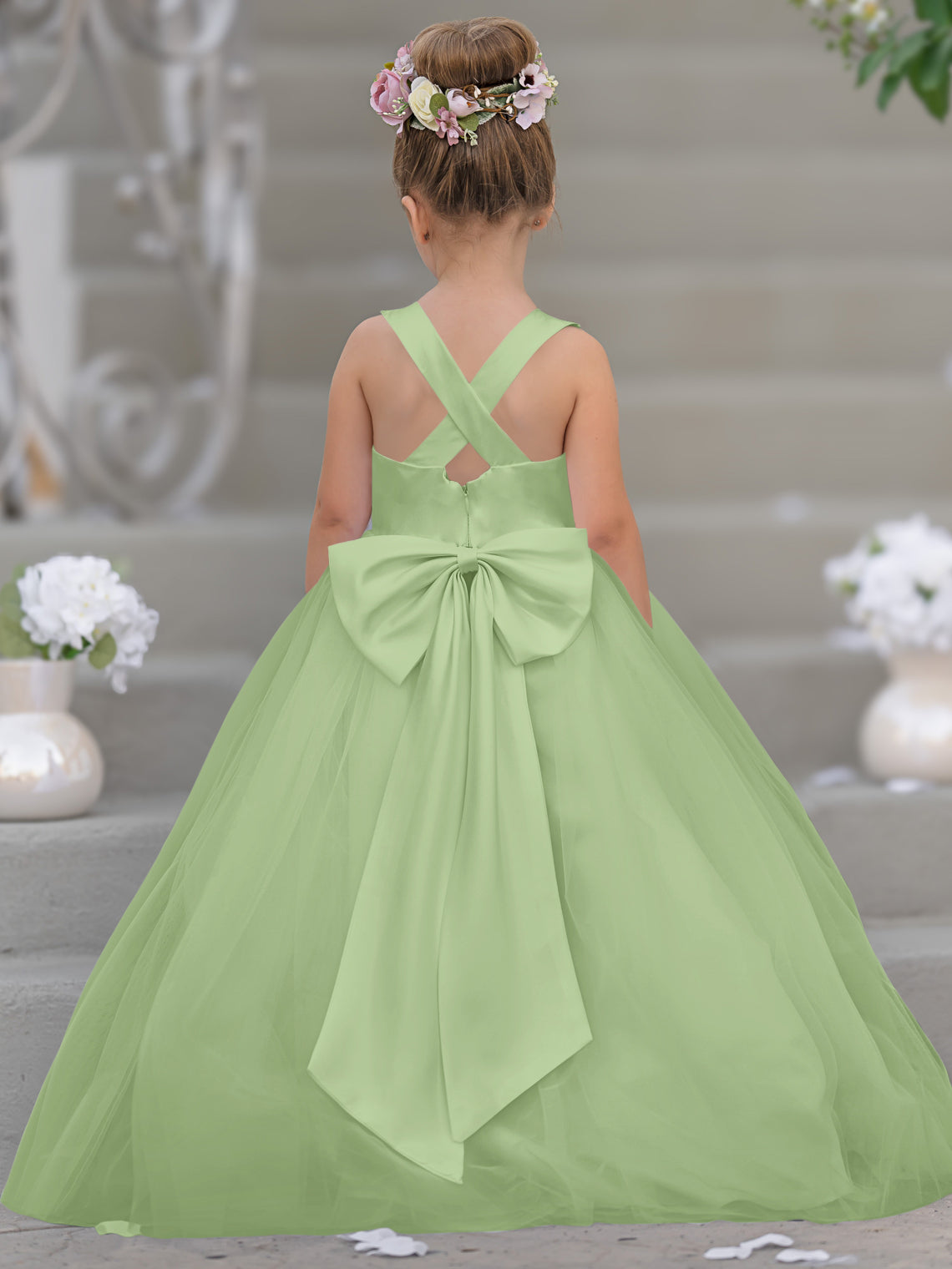 Vestido de niña de las flores clásico de corte en A sin mangas en satén y tul 