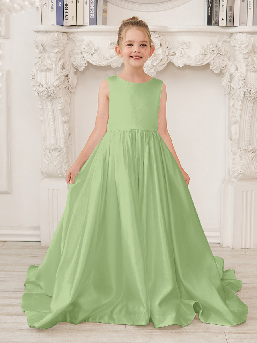 Vestido de niña de las flores de satén sin mangas, corte princesa, con cola y lazo. 