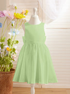 Elegante vestido de niña de las flores de satén con corte en A, espalda en V y lazo, hasta la rodilla 