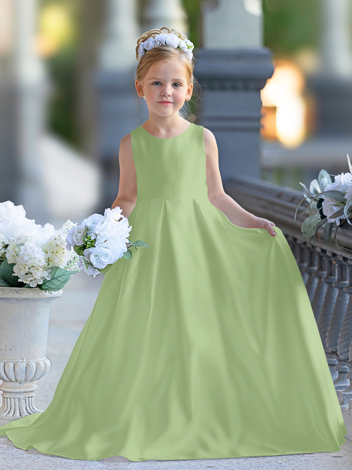 Vestido de niña de las flores para la Primera Comunión, corte en A, encaje y satén, hasta el suelo 