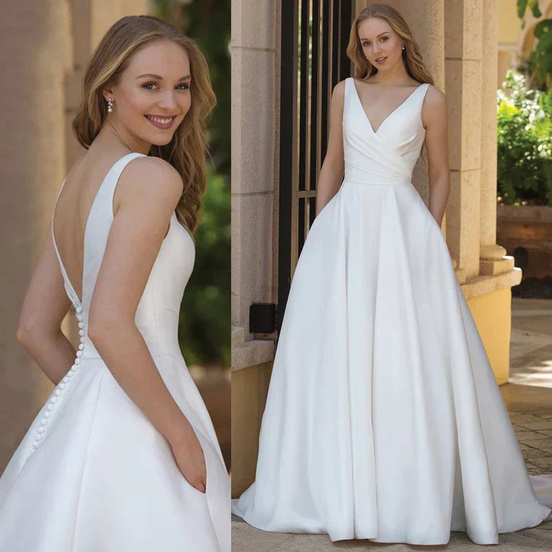 Robes de mariée simples de coupe trapèze avec poches, robe de mariée classique en satin sans manches et dos nu à col en V, nouveautés 