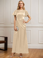 Robe de mère de la mariée en satin stretch, coupe trapèze, longueur cheville, décolleté rond et ornée de perles plissées 