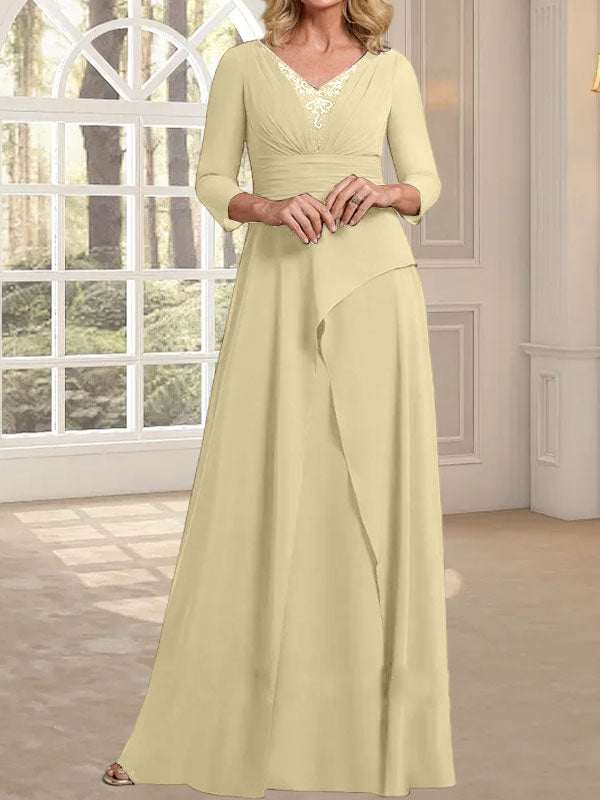 Vestido de gasa de corte A, escote en V, largo hasta el suelo, para la madre de la novia, con plisados ​​y cuentas.