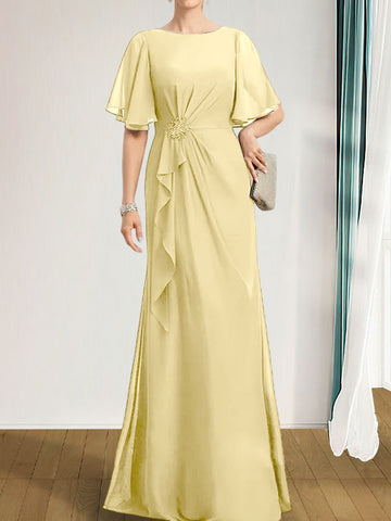 A-line Scoop Floor-Length Chiffon Mother of the Bride Dress With Cascading Ruffles Beading Sequins