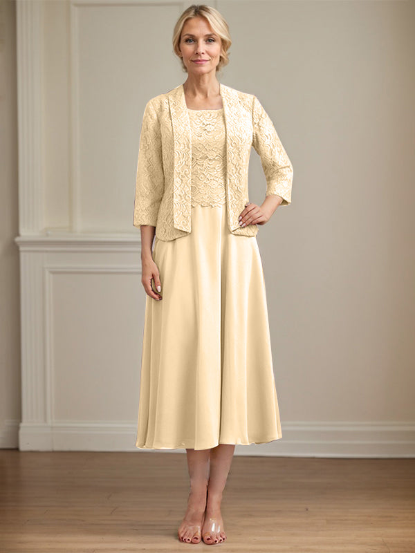 Vestido de corte A con escote redondo y largo hasta la rodilla en gasa de encaje para la madre de la novia 