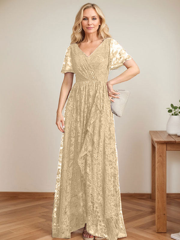 Vestido de novia de encaje asimétrico con escote en V y corte en A para la madre de la novia, con volantes en cascada. 