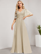 Vestido de novia de corte A, escote en V, largo hasta el suelo, de gasa de encaje con lentejuelas para la madre de la novia 