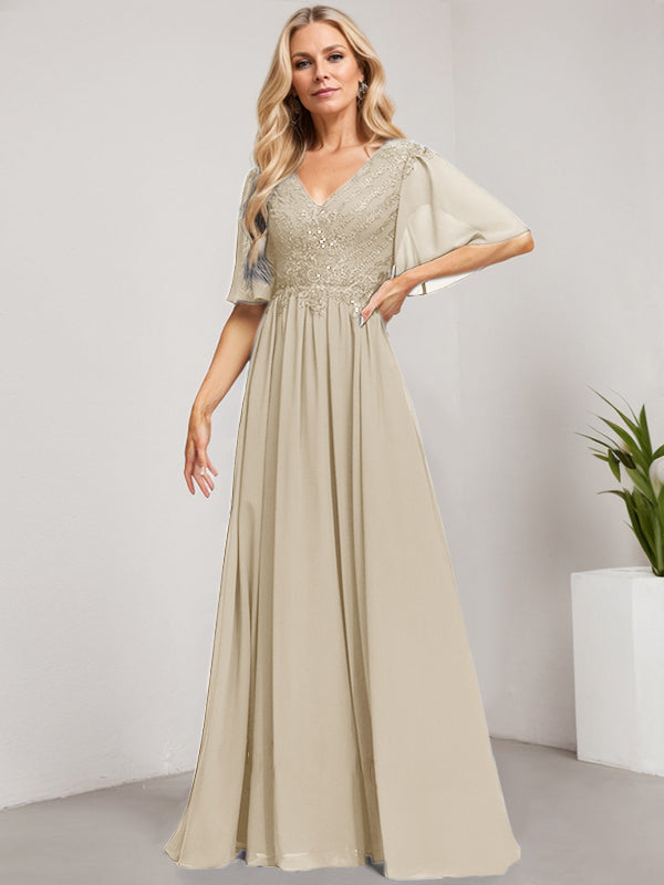 Vestido de novia de corte A, escote en V, largo hasta el suelo, de gasa de encaje con lentejuelas para la madre de la novia 