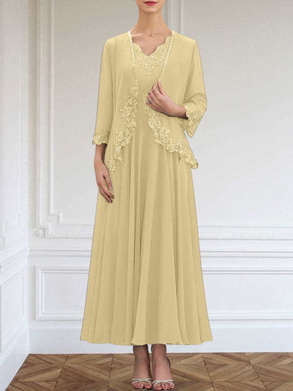 Vestido de corte A, escote en V, largo hasta el tobillo, de gasa, para la madre de la novia, con apliques de lentejuelas, encaje y pedrería.