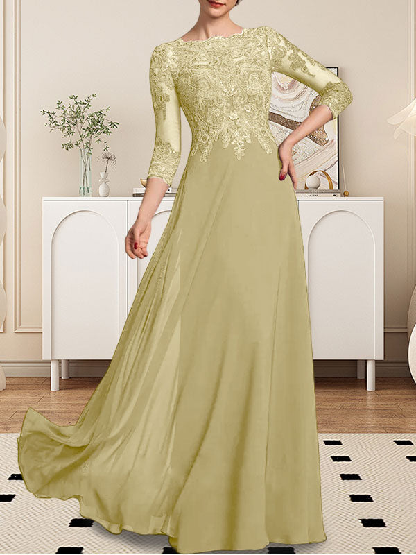 Vestido de novia de corte línea A, escote redondo, largo hasta el suelo, de encaje y gasa con lentejuelas.