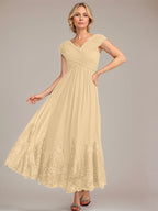 Vestido de gasa de corte evasé, escote en V, largo hasta el tobillo, para la madre de la novia, con apliques de lentejuelas. 