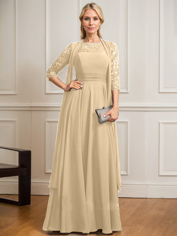 Vestido de novia de corte A, escote redondo ilusión, largo hasta el suelo, de gasa de encaje con pliegues. 
