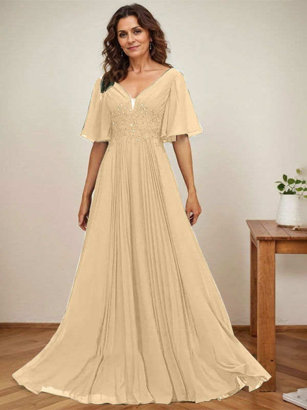 Vestido de corte A, escote en V, largo hasta el suelo, de gasa, para la madre de la novia, con apliques de lentejuelas y encaje plisado. 