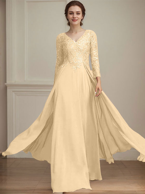 Vestido de novia de corte A, escote en V, largo hasta el suelo, de gasa de encaje con lentejuelas para la madre de la novia 