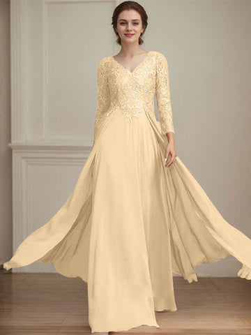 A-line V-Neck Floor-Length Lace Chiffon Mother of the Bride Dress With Sequins