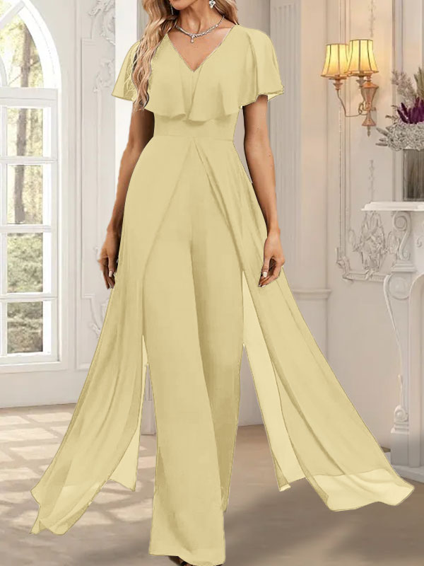 Combinaison-pantalon robe de soirée longue en mousseline à col en V