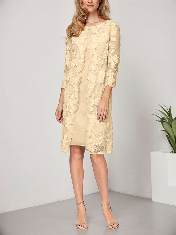 Vestido de corte A, escote redondo, largo hasta la rodilla, de gasa y encaje, para la madre de la novia, con chaqueta. 
