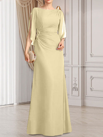 Robe fourreau/colonne longue en mousseline pour la mère de la mariée, ornée de perles plissées.