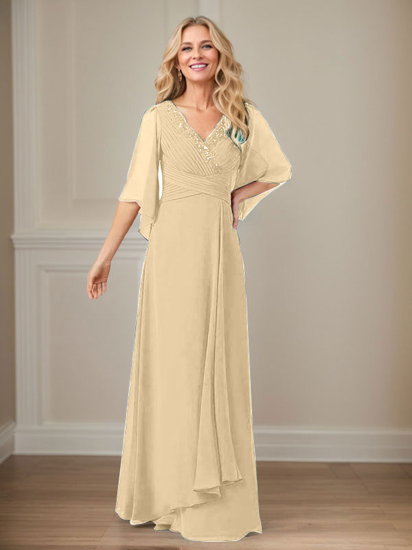 Vestido de mamá largo de gasa con lentejuelas, escote en V y corte en A