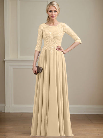 Robe de mère de la mariée en mousseline de dentelle, coupe trapèze, décolleté illusion, longueur au sol, ornée de sequins 