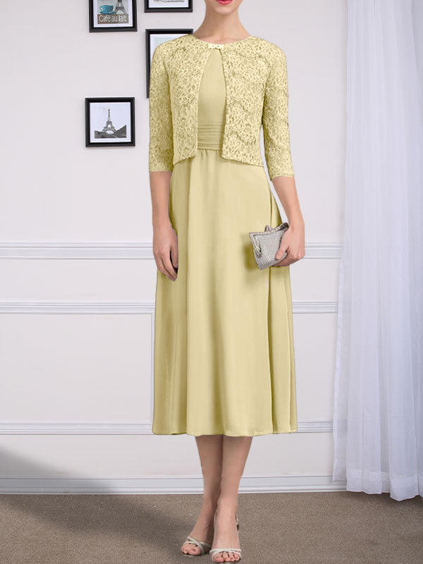 Vestido de chifón de corte línea A, largo té, para la madre de la novia, con escote redondo y pliegues.