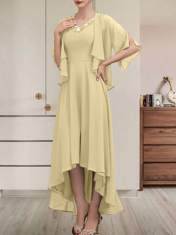 Vestido de corte A, escote en V, asimétrico, de gasa, para la madre de la novia, con lentejuelas y pedrería.