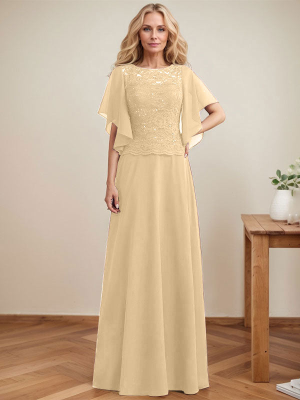 Vestido de novia de corte A, escote redondo, ilusión, largo hasta el suelo, de encaje y gasa con lentejuelas. 