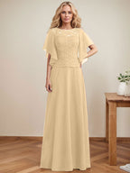 Vestido de novia de corte A, escote redondo, ilusión, largo hasta el suelo, de encaje y gasa con lentejuelas. 