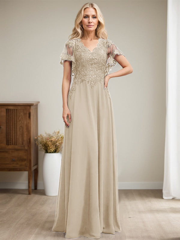 Vestido de novia de corte A, escote en V, largo hasta el suelo, de gasa de encaje con lentejuelas para la madre de la novia 