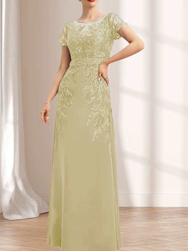 Vestido de novia de corte recto/columna, escote redondo, ilusión, largo hasta el suelo, de encaje y gasa con lentejuelas.