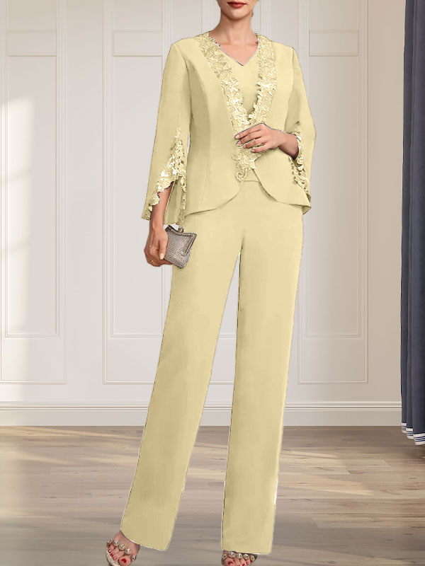 Combinaison/Tailleur-pantalon deux pièces, robe longue en mousseline à col V pour la mère de la mariée