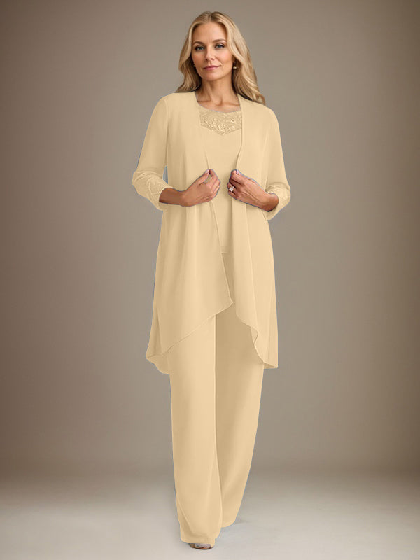 Tailleur-pantalon en mousseline à manches longues et col rond pour la mère de la mariée, avec veste 