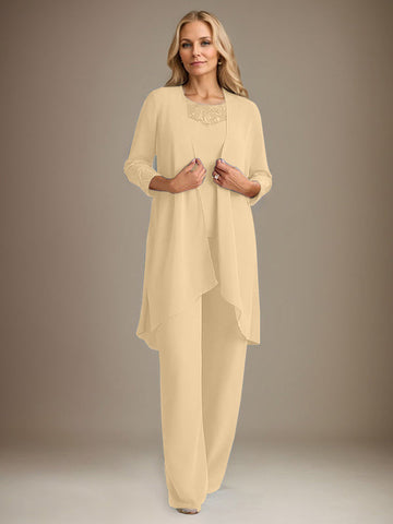 Chiffon Scoop Long Sleeves Mother Of The Bride Pantsuits With Jacket